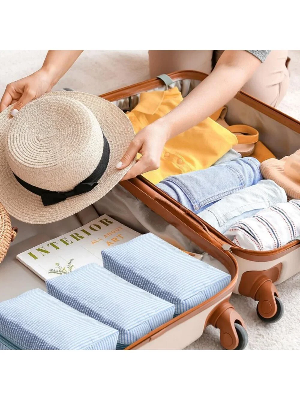 12 Pcs Light Blue Striped Seersucker Cosmetic Bags Set - Zippered Travel